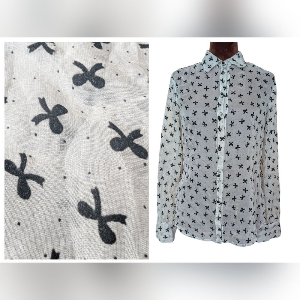 White Chiffon With Black Velvet Bows Button Down Blouse Size M